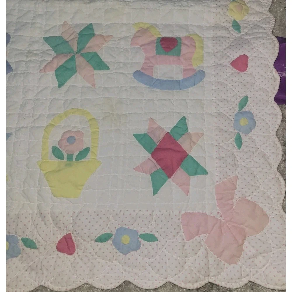 Vtg Handmade Amish Baby Quilt Blanket Irish Chain 8 Point Star Flower Basket